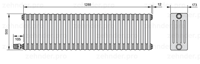 Схема (чертеж) Радиатор Zehnder Charleston 5050/28 №V003 Белый глянцевый RAL 9016